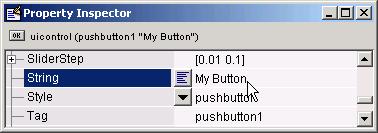 6 Laying Out a GUI 2 Click outside the String field. The component label changes. Note Push buttons, toggle buttons, radio buttons, and check boxes hold only a single line of text.
