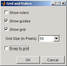 6 Laying Out a GUI Use the Grid and Rulers dialog (select Grid and Rulers from the Tools menu) to: Control visibility of rulers, grid, and guide lines Set the grid spacing Enable or disable
