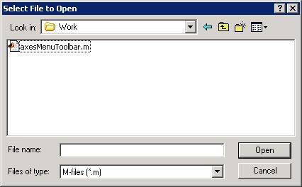 GUI with Axes, Menu, and Toolbar Open Menu Item Callback The hopenmenuitemcallback function services the Open menu item and the Open toolbar button.