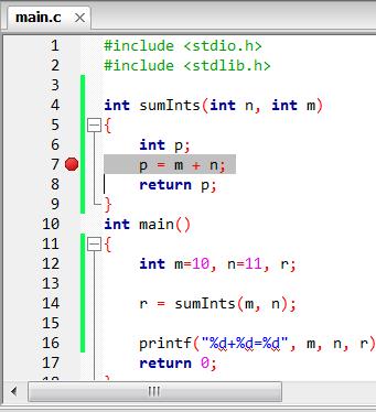 Figure 122. Breakpoint at line 7. The program is started by selecting from the Debug pull-down menu, Start.