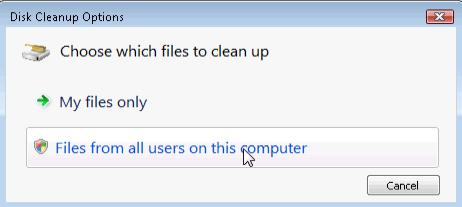 Note: The Disk Cleanup Options window opens in Vista, select Files from all users on this