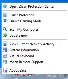 Right-clicking on the icon produces a shortcut menu with various useful options, such as Update, Enable Gaming Mode, Virtual Keyboard and View Network Activity: User interface The program interface