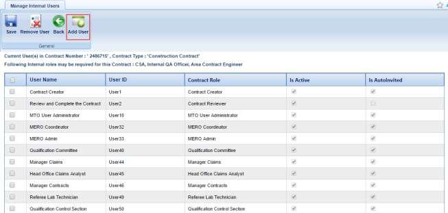 Manage Internal Users Page Note: Every contract has user roles that are mandatory and are required