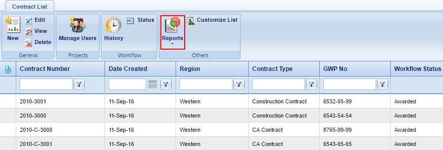 Reports The Reports feature in the Contracts module within WBCMS-MTO allows a user to generate various reports related to the contract.