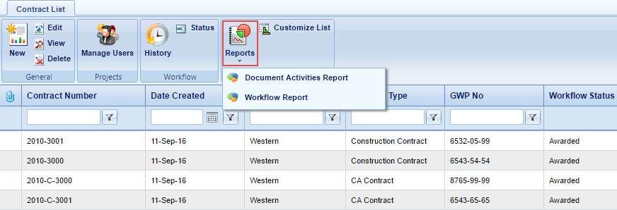 Reports at Contracts List page: 1. From the Contracts List page, select the Reports in Others group. Reports - Contract List page 2.