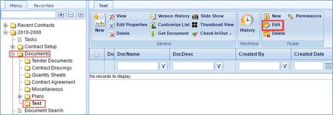 Modifying a Folder Steps 1. From the Documents navigation tree, click and open a folder. The folder page is displayed. 2.
