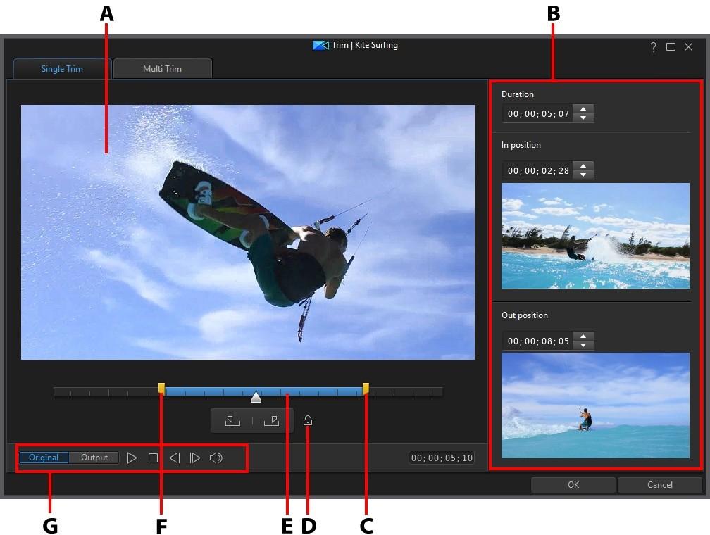 Editing Your Media A - Preview Area, B - Marked Positions in Clip, C - Mark Out Position Slider, D - Lock Duration, E Selected Content, F - Mark In Position Slider, G - Player Controls To trim a