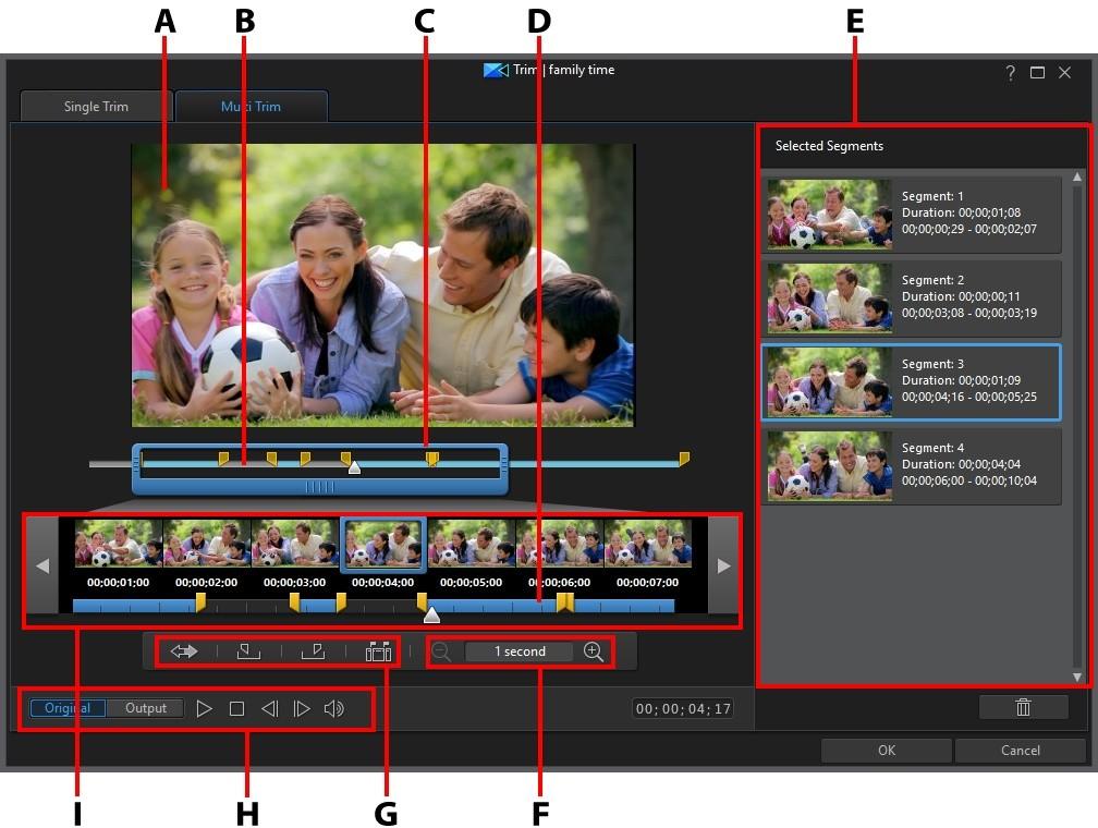 Editing Your Media A - Preview Area, B - Timeline, C - Timeline Magnifier*, D - Magnified Timeline, E - Selected Segments, F - Magnifier Controls*, G - Trimming Tools, H -Player Controls, I - Frame