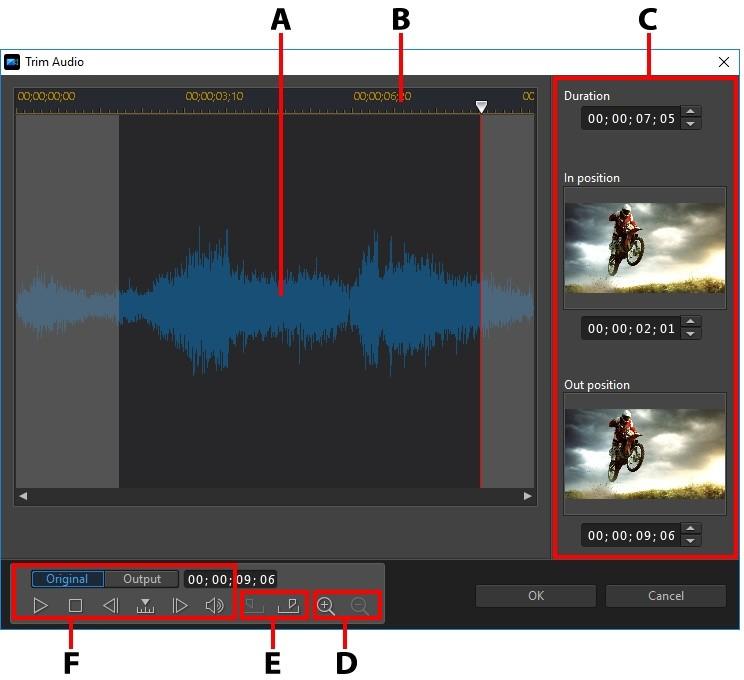 Editing Your Media A - Audio Waveform, B - Timeline Slider, C - Marked Positions in Clip, D - Zoom Controls, E - Mark In/Out Buttons, F - Player Controls To trim an audio clip, do this. 1.