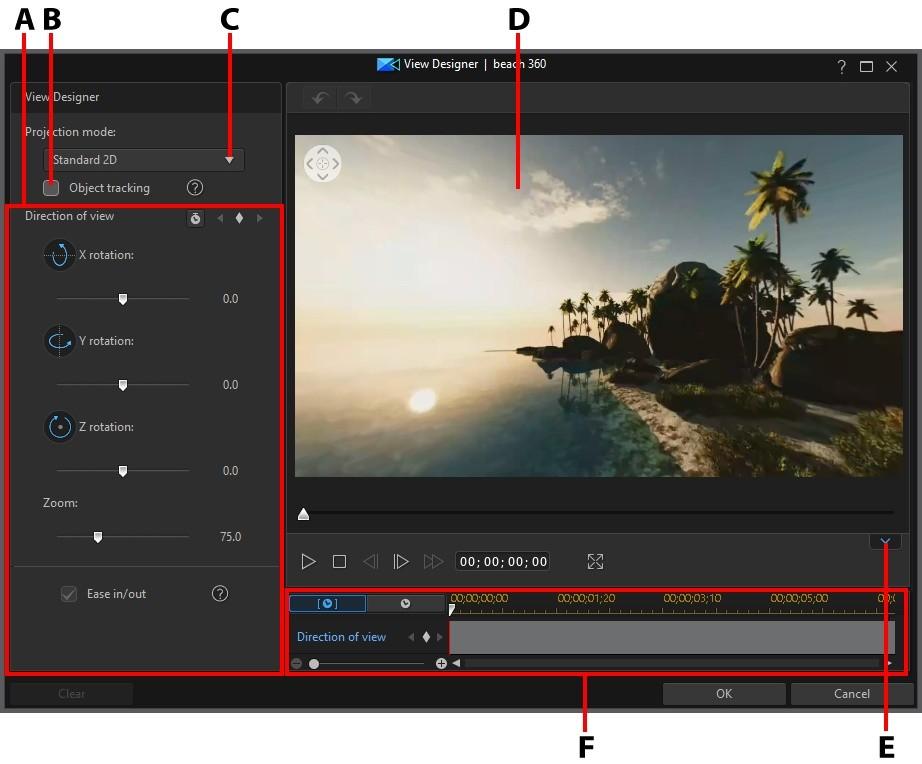 Using the Tools A - Direction of View/Little Planet Properties, B - Object Tracking, C - Select Projection Mode, D Preview Window, E - Display/Hide Keyframe Timeline, F - Keyframe Timeline See