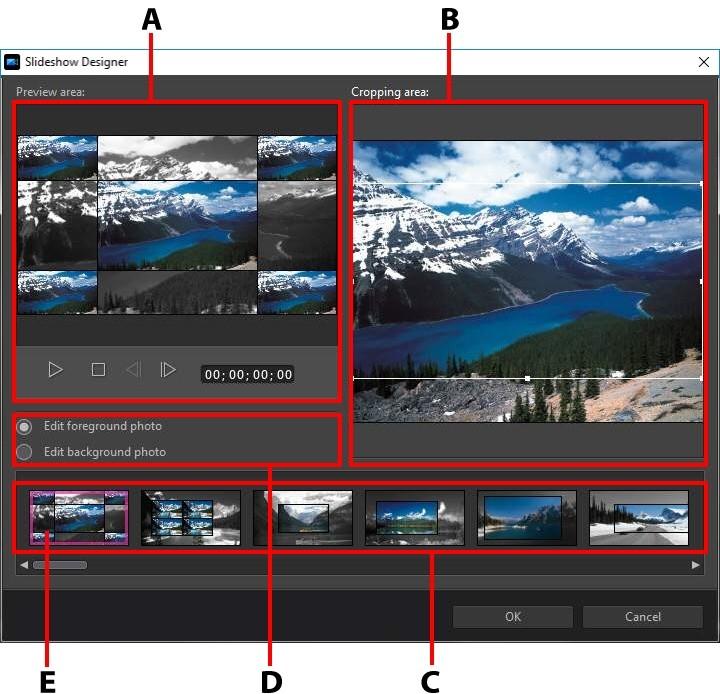 PowerDirector Editing Modes A - Preview Area, B - Editing Area, C - Slide Area, D - Extra Tools Area, E - Selected Slide The editing options and tools that are available in the Slideshow Designer,
