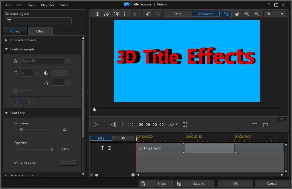 Adding Title Effects 3D Title Effects 3D title effects are available for 3D video projects and provide title text with a depth of field, when viewed with a 3D display device.