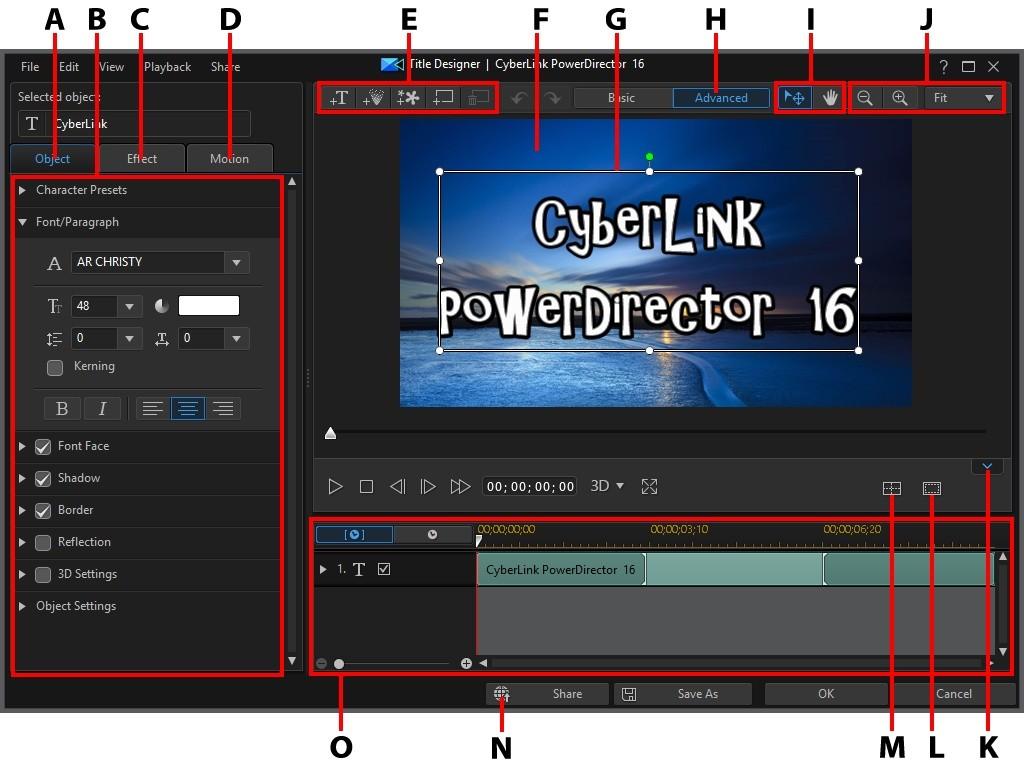 CyberLink PowerDirector Help Modifying Titles in the Title Designer - Advanced To open the Title Designer, in the Edit module, select a title effect on the timeline and then click the Designer button.