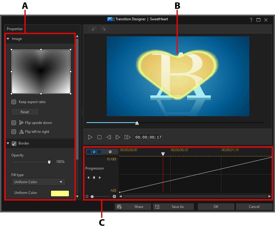CyberLink PowerDirector Help A - Alpha Transition Properties, B - Transition Effect Preview, C - Transition Effect Keyframe Timeline To create a new alpha transition, enter the Transition Room and