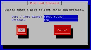 Click Forward and Add and apply following Ports and Protocols one by one: Port Protocol Description 80 tcp http 443 tcp https 3389 tcp RDP 5800 tcp JVNC 5900 tcp VNC 11444 tcp Default