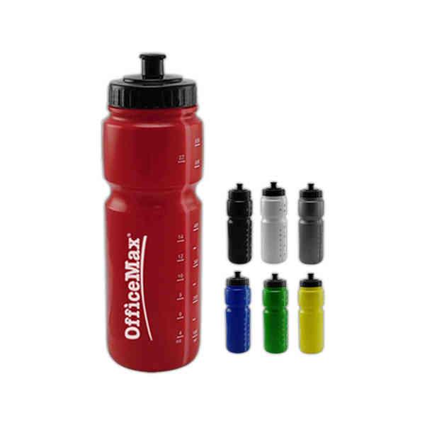 Sports bottle has leak proof lid with flip top closure and straw built into the lid. Made of squeezable polypro plastic.