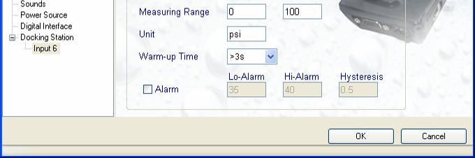 The warm-up time should be set to the minimum value required by the probe used with the docking station input Set the alarm as desired (placing a check mark in the box labeled
