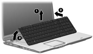 Removal and Replacement Procedures 7. Lift the rear edge of the keyboard 1 until it rests at an angle. 8.