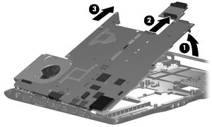 Removal and Replacement Procedures 5. Lift the right side of the system board 1 until it rests at an angle. 6. Remove the optical drive connector board 2.