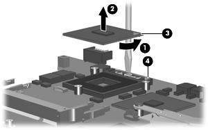 Removal and Replacement Procedures 2. Turn the processor locking screw 1 one-half turn counterclockwise until you hear a click. 3. Lift the processor 2 straight up and remove it.