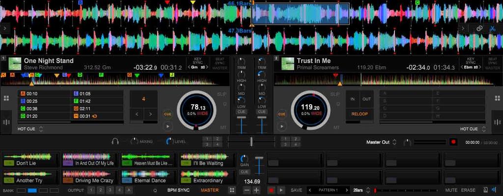 2 Click [ < ] on the right side of the enlarged waveform, and then click. The color of the loop range changes. 3 Drag and drop the loop range to the slot of the sampler deck.