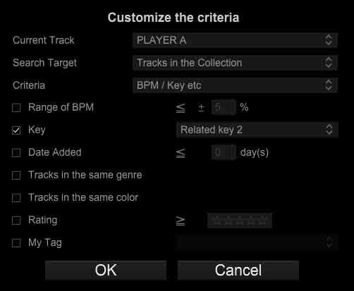 [Collection] 3 Set the criteria. [Current Track]: Select a track, which is based for RELATED TRACKS to be displayed. Select the track from [Deck1] to [Deck4], master deck, or track list.