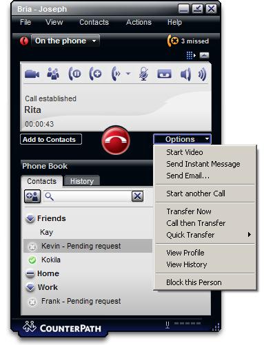 Bria 2.5 for Windows User Guide 3.6 Handling an Established Call While the call is in progress you can: Control the audio: use the speakerphone, mute the call, control volume. Record the call.
