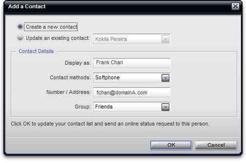 CounterPath Corporation Take the appropriate action: Create a new contact: Click Create. Change the display name, contact method, and group if desired. Click OK. Update an existing contact.