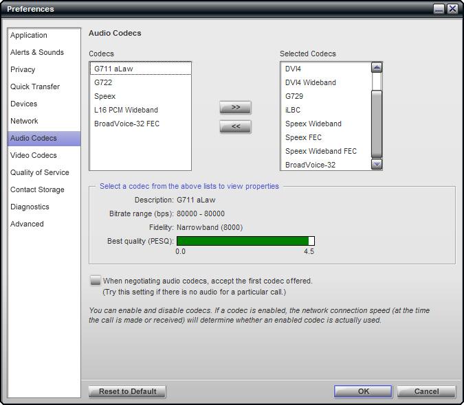 Bria 2.5 for Windows User Guide Preferences Audio Codecs This panel shows all the codecs that are included in the retail version of Bria. You can enable or disable codecs as desired.