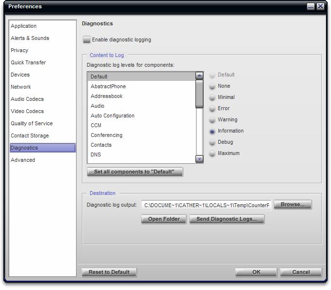 CounterPath Corporation Preferences Diagnostics This panel lets you enable logging to files.