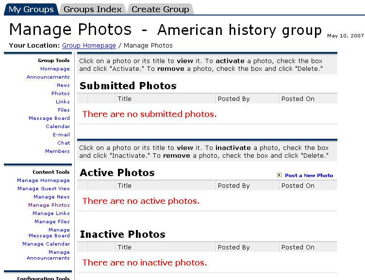 Steps Follow these steps to create a photo album. 1. Access the group or course home page. 2. From the Content Tools menu, locate and click Manage Photos.