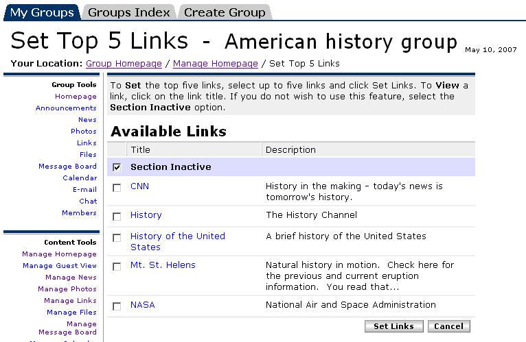 7. Locate the Top 5 Links section of the page and click Edit. Note: You see the Set Top 5 Links window, which provides a view of all links posted for the group or course, similar to the following.