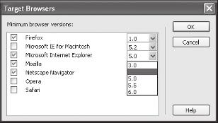Setting Up Your Dreamweaver Site chapter 1 The Target Browsers dialog box opens. 5 Click the by Microsoft Internet Explorer. 6 Click.0. 7 Click OK. 6.0 5 7 PART I Dreamweaver now checks browser compatibility, including IE.