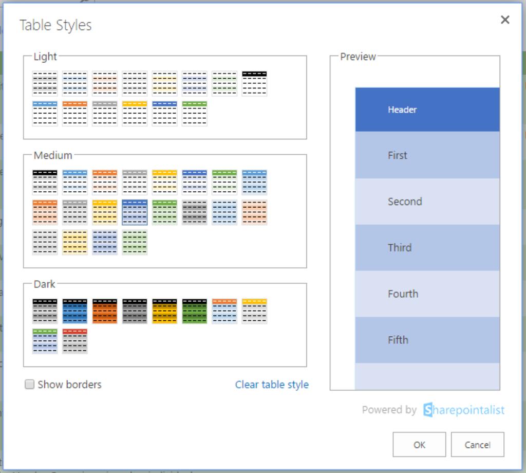 Table Styles User can select one of the predefined table styles color schemes (similar to Word and Excel) to change the look of list (document library) view rows.