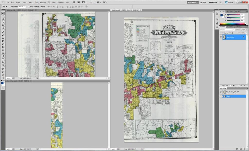 2. Merging map pieces into one map. a. Open Photoshop b. Open the two (or more) images containing the pieces of a single city map, to be merged.