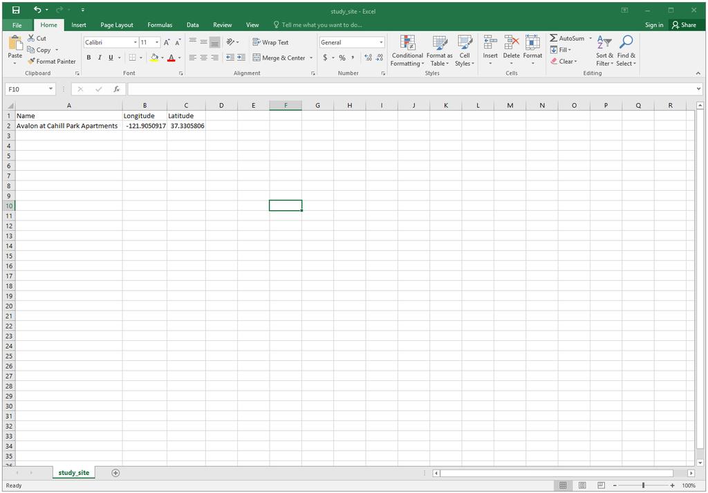 4. Add the co-ordinates to an excel file and