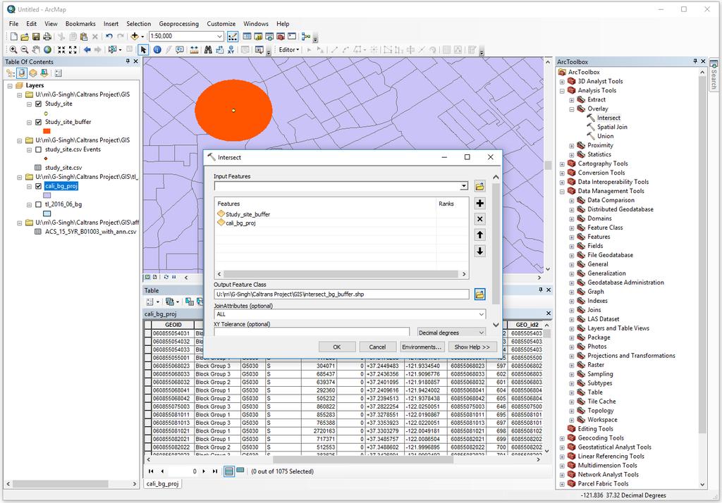 1. Click on the Arc Toolbox and browse to Analysis Tools>Overlay. Click on Intersect. 2.