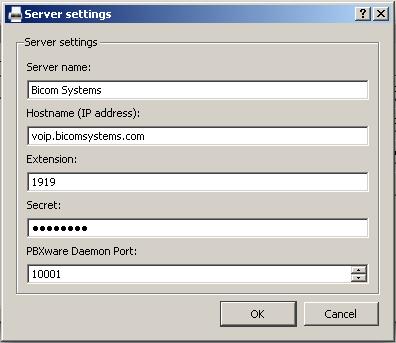 Configuration 7 4. Make sure to complete all the server settings fields. Server name: enter the fax server name, for example: Bicom Systems. Hostname: (IP address): enter host name, example: voip.