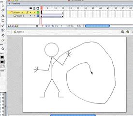 Select frame 1 of the Guide Layer and with one of the drawing tools (such as the Oval Tool, Rectangle Tool or Pencil Tool (as was used above) draw