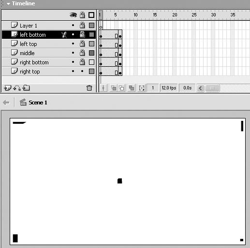 Macromedia Flash MX H O T 5. Shape Tweening 13. Repeat steps 11 and 12 for the middle, right top, and right bottom layers.