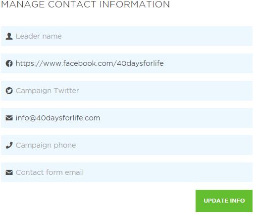 Adding your local campaign contact information The manage contact information block includes details which will appear in a box on the right side of the local page. It covers a bit of everything.
