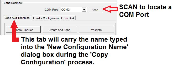 If the converter was not installed when the Load Settings screen was opened, you can attempt to locate the correct port after installing the converter. Click [Scan] (next to the COM Port field).