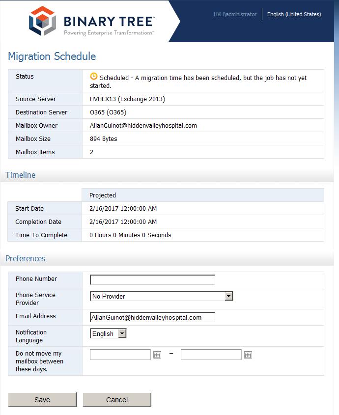 The following is a display of a User Portal: The fields on this screen: Migration Schedule: Status: Status of the user mailbox.