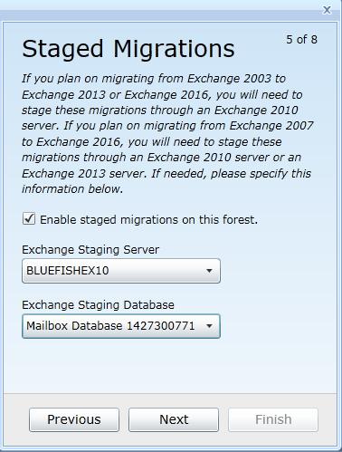 Add Source Forest: Staged Migrations Screen This screen is used to specify an Exchange 2010 server and database for Exchange Pro to use when an intermediate staging server is required.