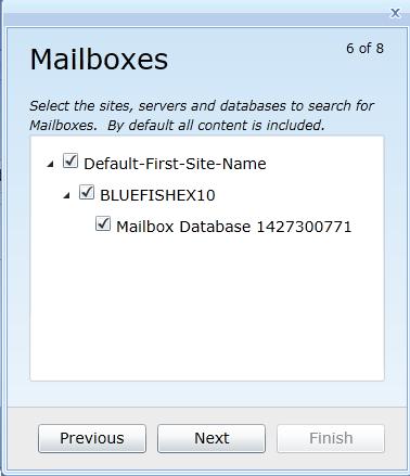 Add Source Forest: Mailboxes Screen Select the sites, servers and databases you want Exchange Pro to search for mailboxes to migrate. All content is selected by default.