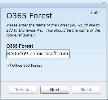 This is actually the first screen in a series to define a new source forest, but a checkbox on this screen lets you shift the feature to the series for an Office 365 tenant forest: To shift the