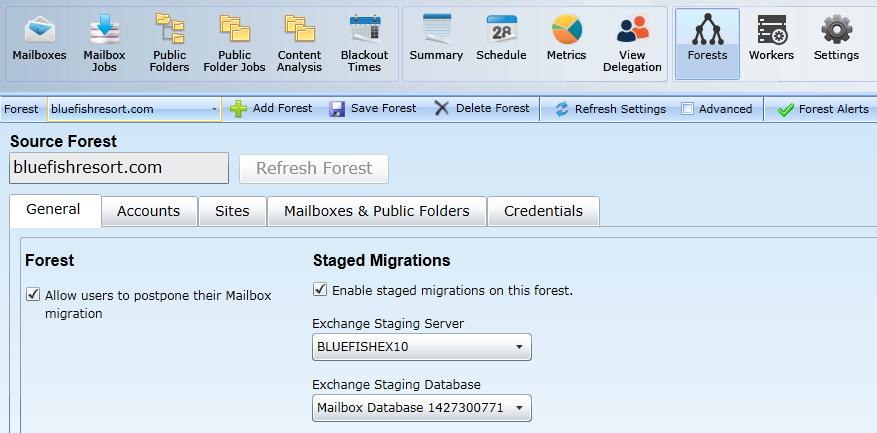 Forest Configuration Forests that have already been defined in Exchange Pro can be configured and reconfigured in the multi-tabbed Forest Configuration Settings screen, which appears in the Forests