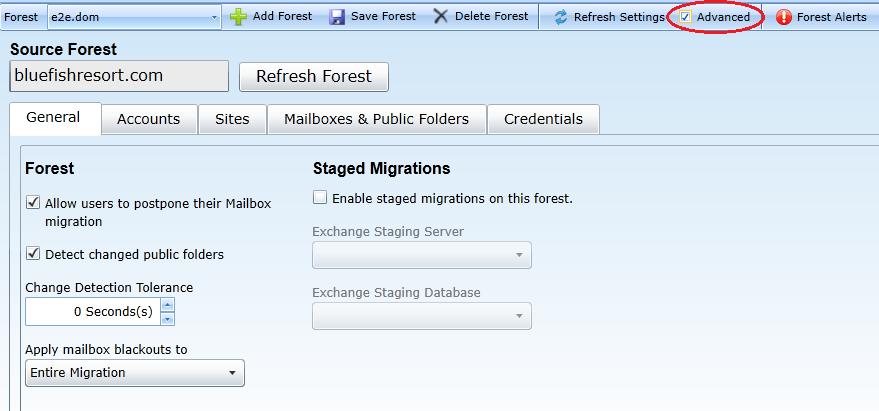 Or, you can mark the Advanced checkbox to view additional options, although most admins simply accept the default values for these Advanced settings: Forest Section The default (non-advanced) view of