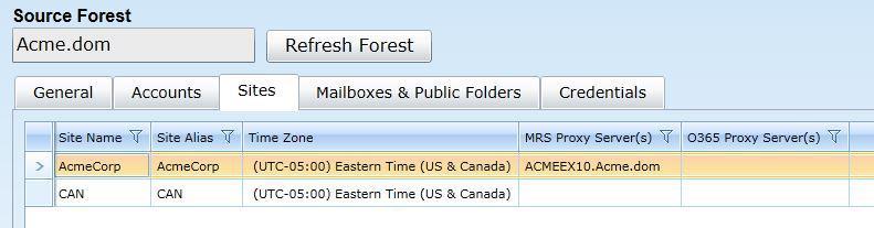 Source Forest Configuration Sites Tab To view or edit the Sites tab for source forest configuration: From the Forest view toolbar, select a previously defined source Forest from the drop-down list,