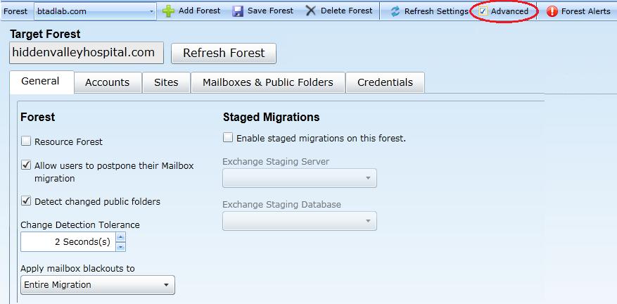 Or you can mark the Advanced checkbox to view additional options, although most admins simply accept the default values for these Advanced settings: Forest Section In the default (non-advanced) view